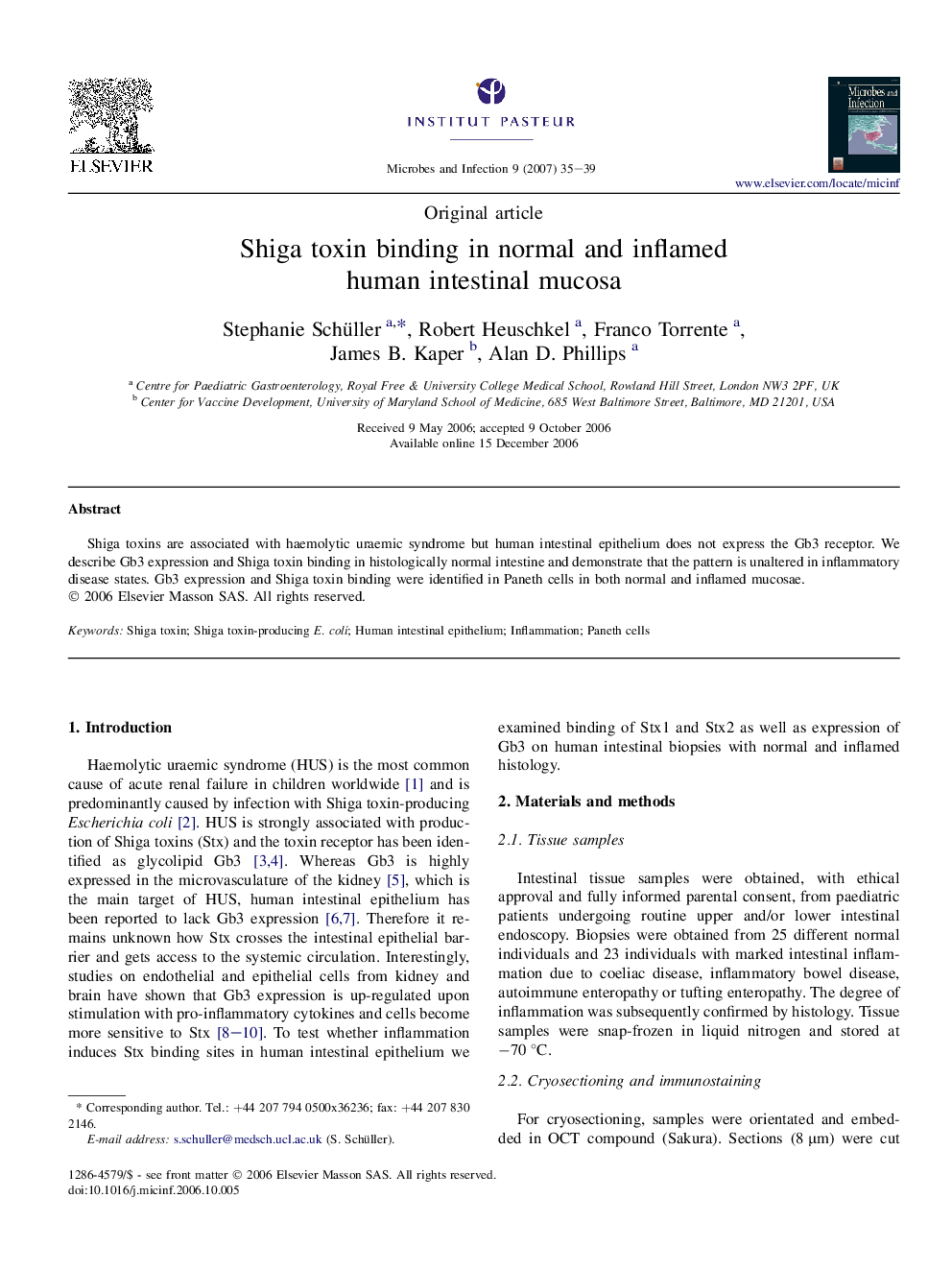 Shiga toxin binding in normal and inflamed human intestinal mucosa