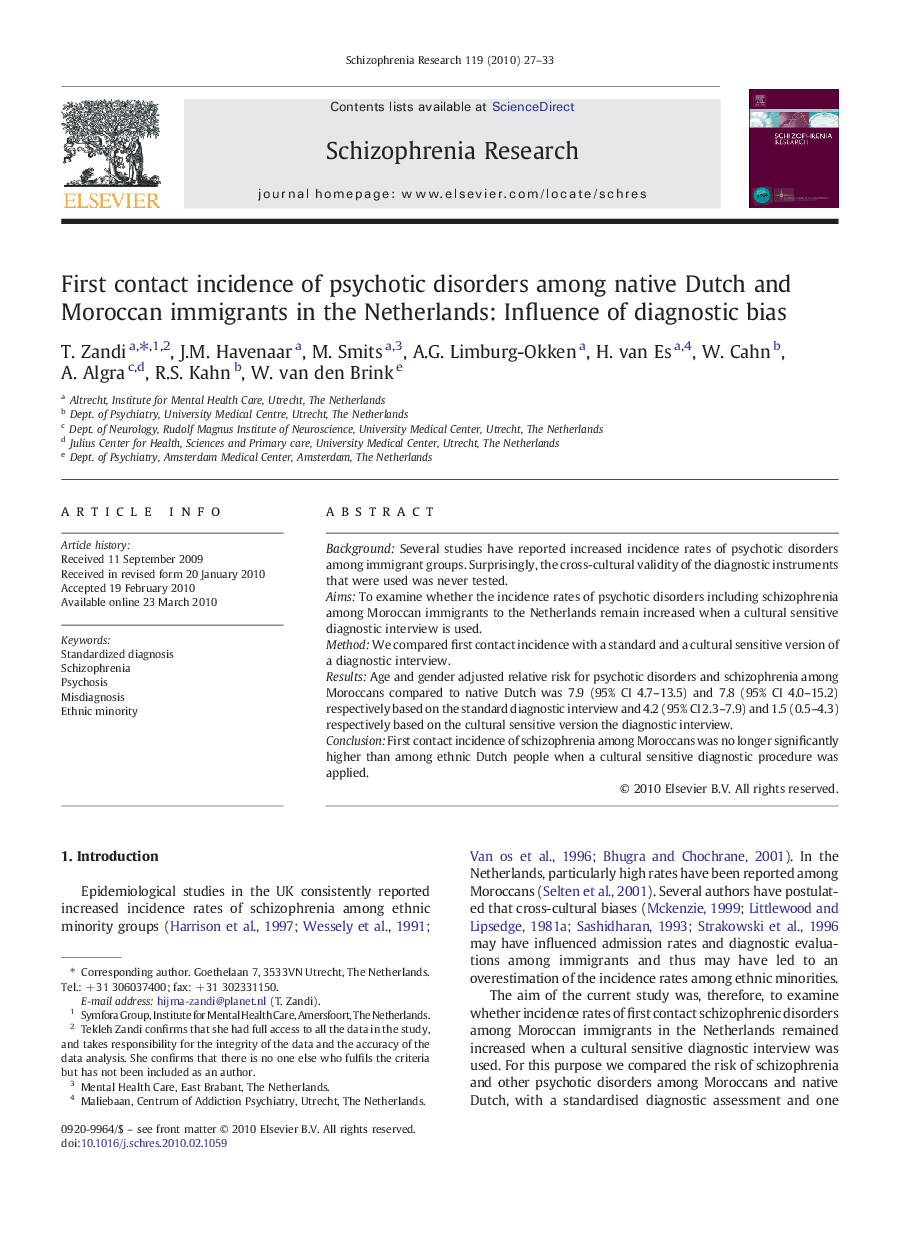 First contact incidence of psychotic disorders among native Dutch and Moroccan immigrants in the Netherlands: Influence of diagnostic bias