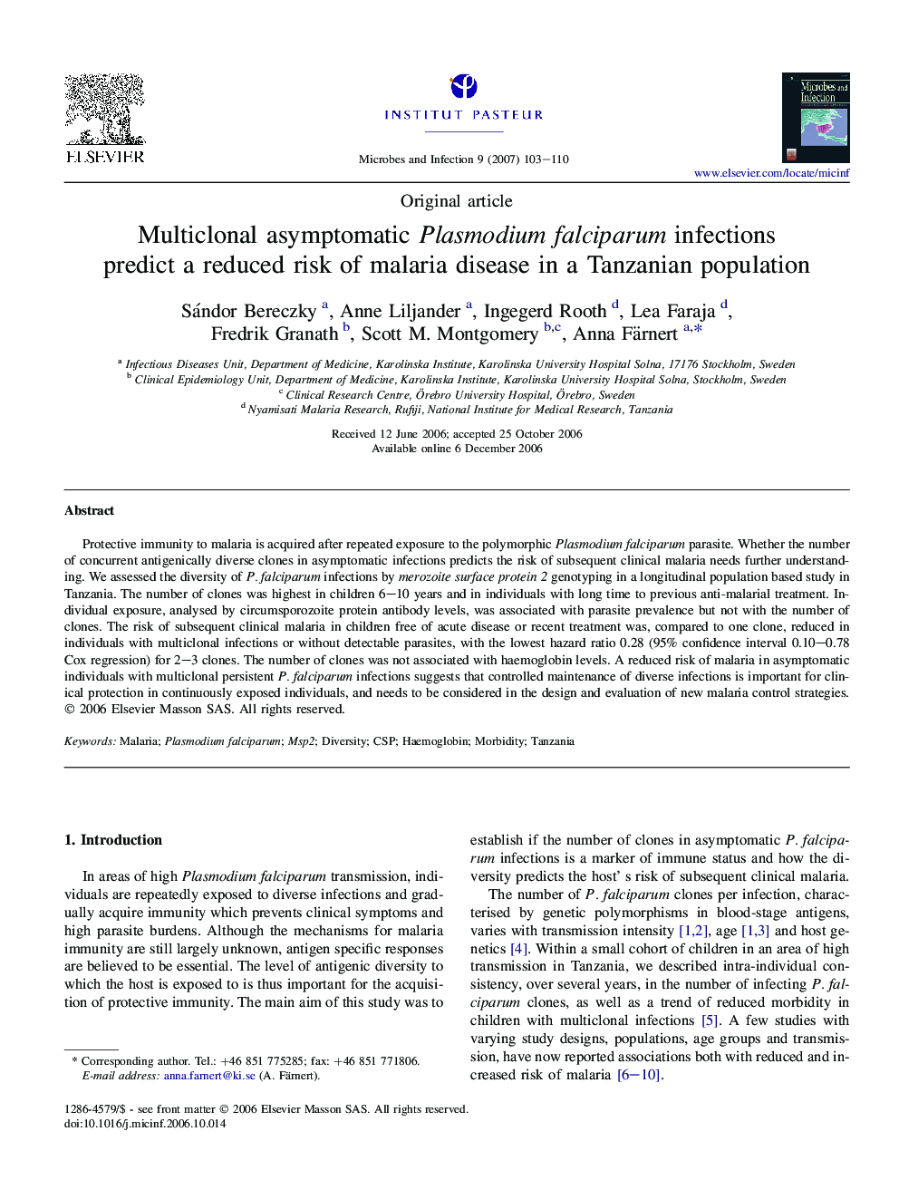 Multiclonal asymptomatic Plasmodium falciparum infections predict a reduced risk of malaria disease in a Tanzanian population