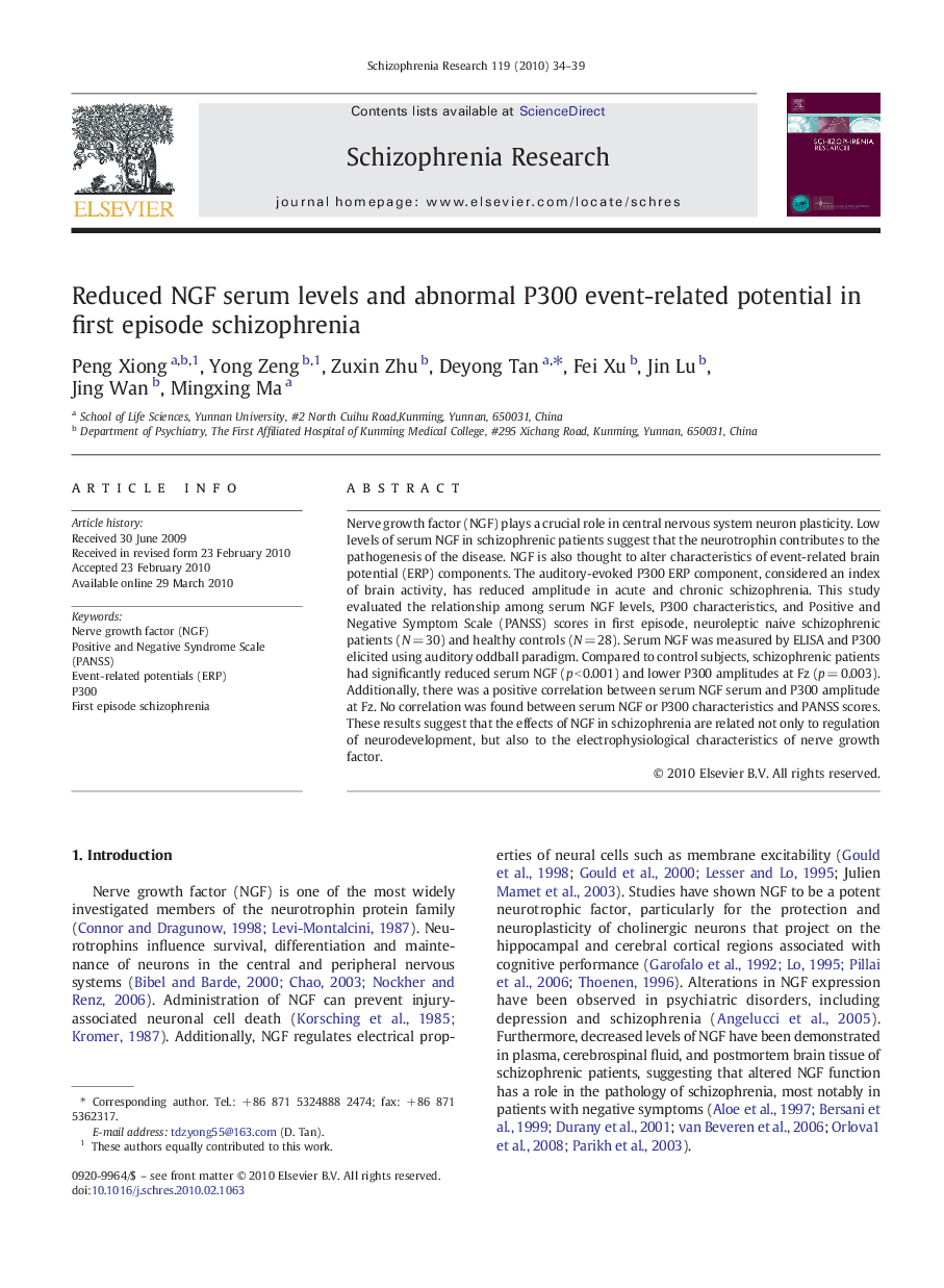 Reduced NGF serum levels and abnormal P300 event-related potential in first episode schizophrenia