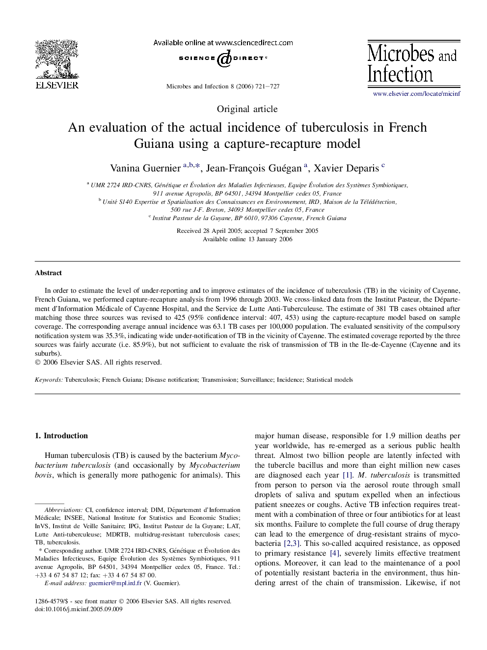 عکس صفحه اول مقاله: An evaluation of the actual incidence of tuberculosis in French Guiana using a capture-recapture model An evaluation of the actual incidence of tuberculosis in French Guiana using a capture-recapture model