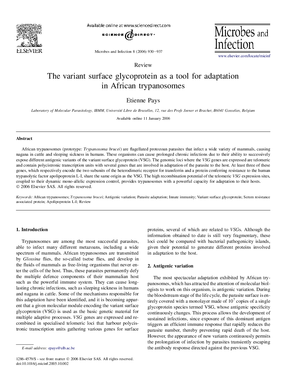 The variant surface glycoprotein as a tool for adaptation in African trypanosomes