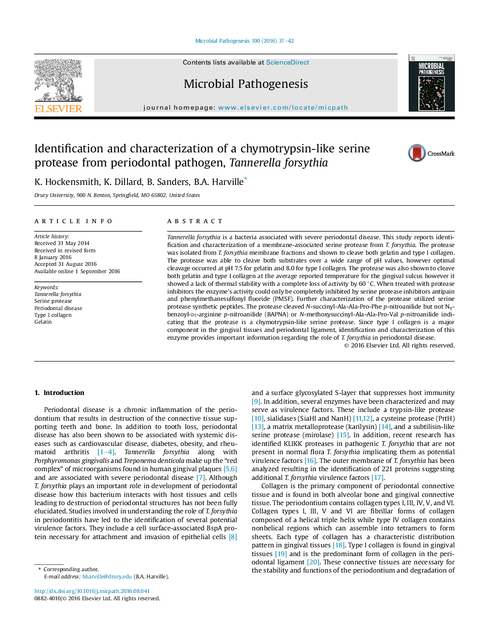 Identification and characterization of a chymotrypsin-like serine protease from periodontal pathogen, Tannerella forsythia