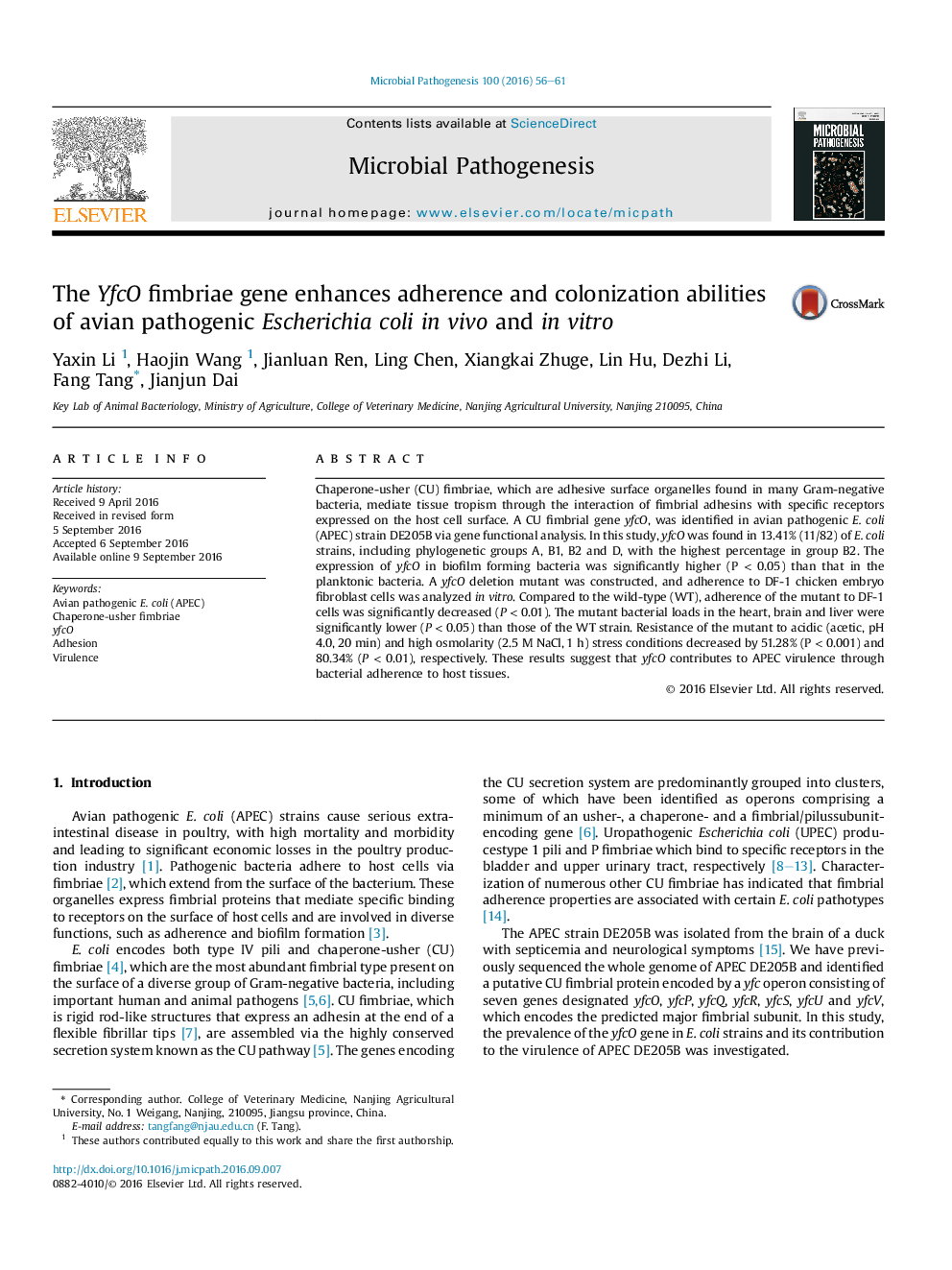 The YfcO fimbriae gene enhances adherence and colonization abilities of avian pathogenic Escherichia coli in vivo and in vitro
