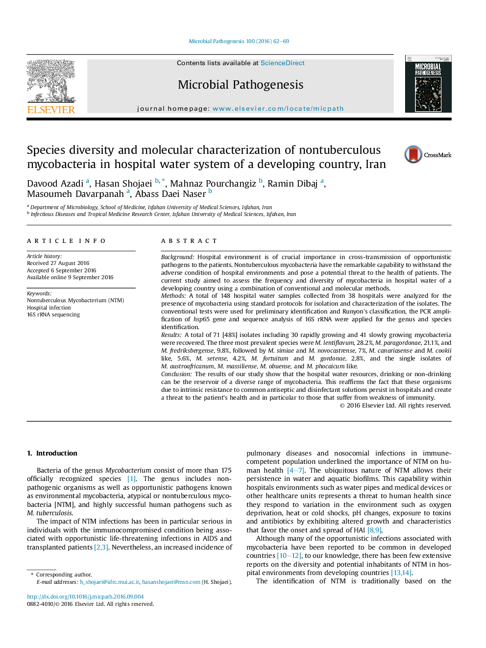 Species diversity and molecular characterization of nontuberculous mycobacteria in hospital water system of a developing country, Iran