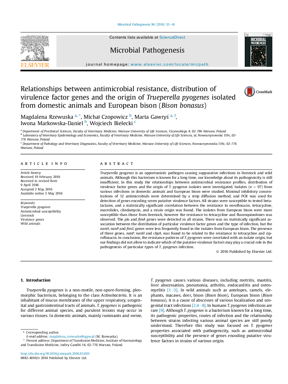 Relationships between antimicrobial resistance, distribution of virulence factor genes and the origin of Trueperella pyogenes isolated from domestic animals and European bison (Bison bonasus)