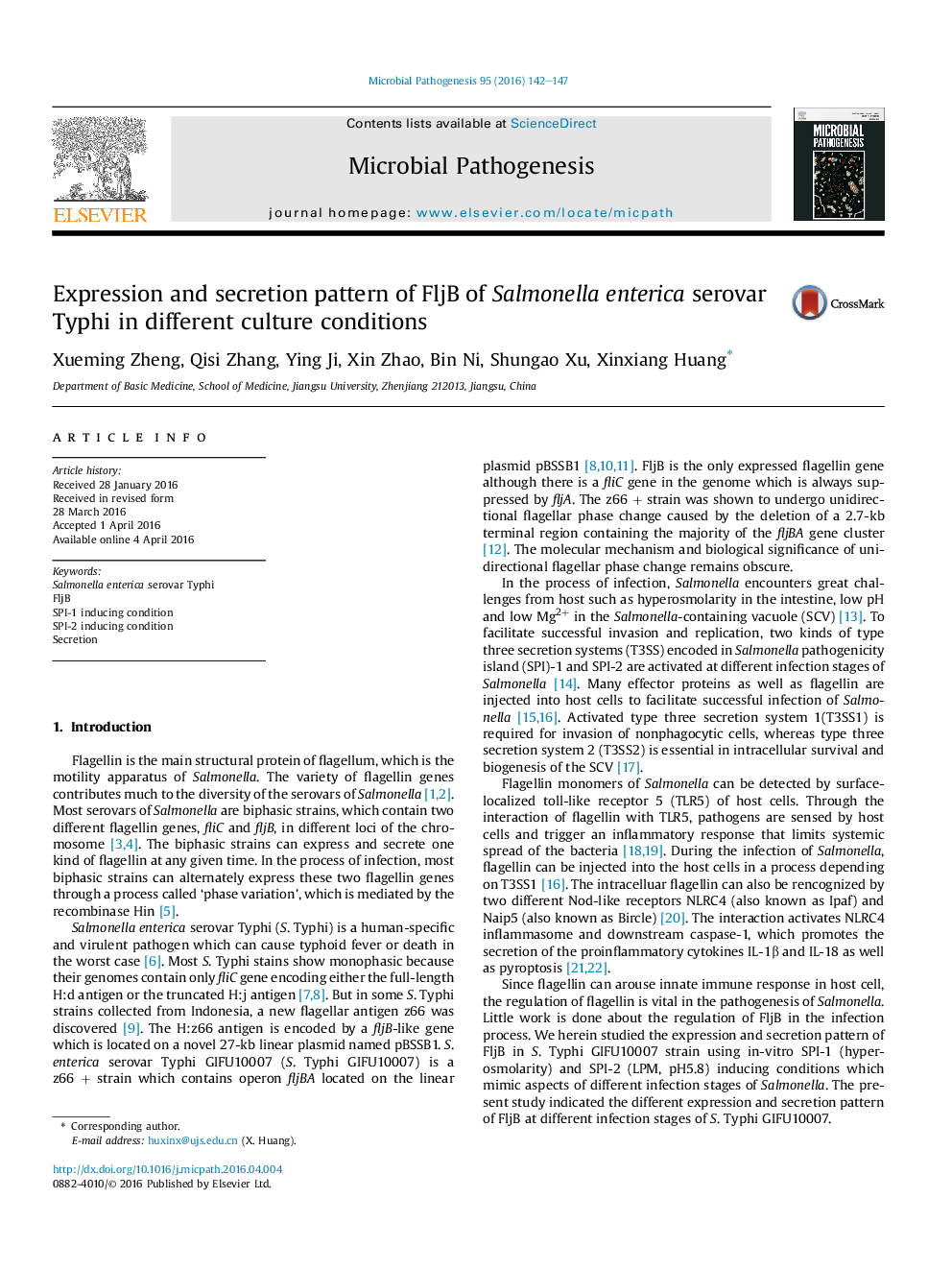 Expression and secretion pattern of FljB of Salmonella enterica serovar Typhi in different culture conditions