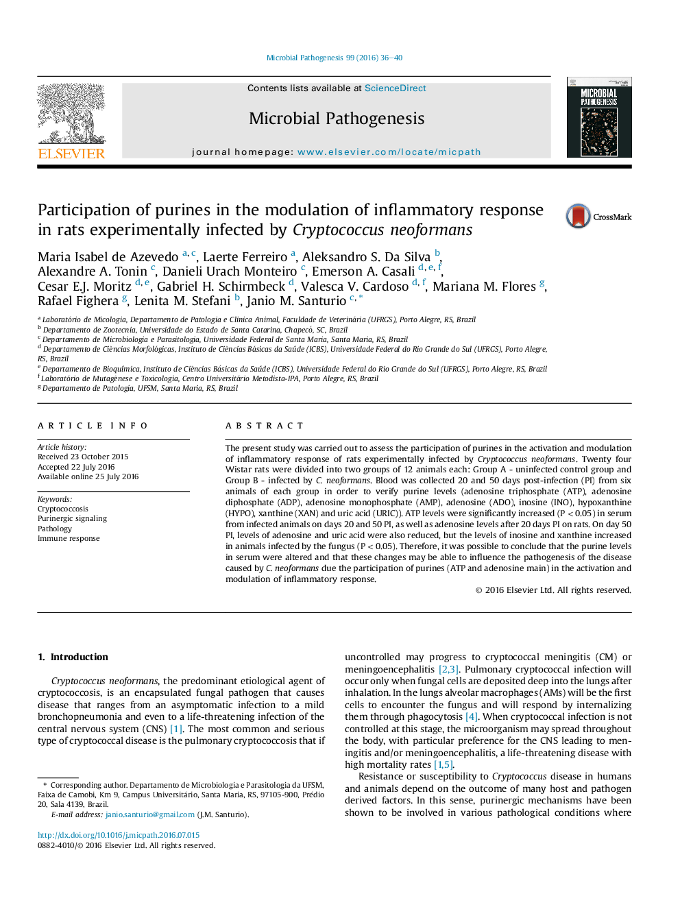 Participation of purines in the modulation of inflammatory response in rats experimentally infected by Cryptococcus neoformans