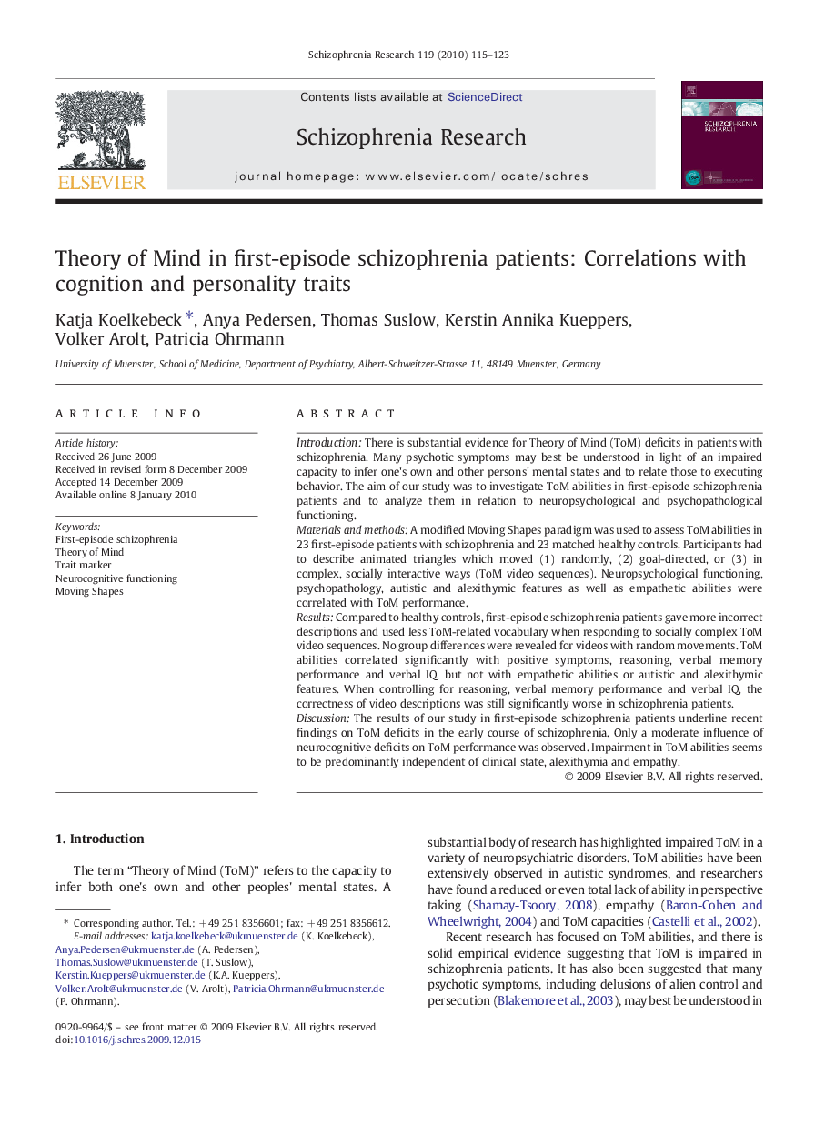 Theory of Mind in first-episode schizophrenia patients: Correlations with cognition and personality traits