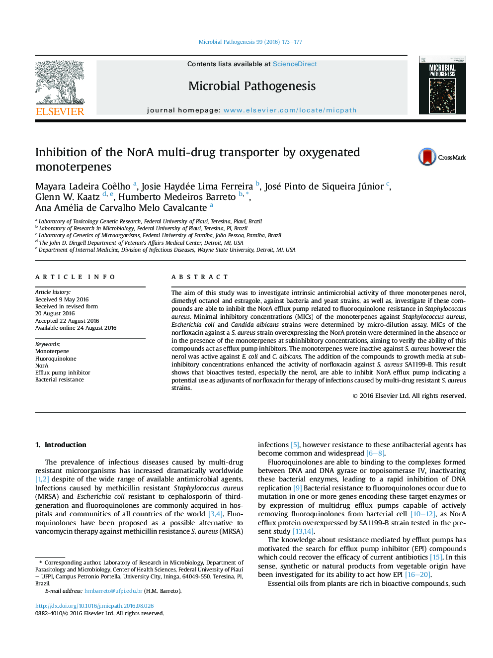 Inhibition of the NorA multi-drug transporter by oxygenated monoterpenes