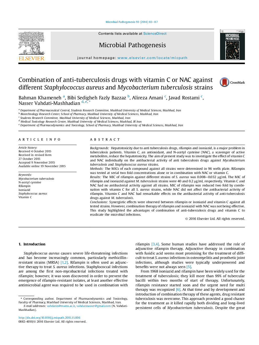 Combination of anti-tuberculosis drugs with vitamin C or NAC against different Staphylococcus aureus and Mycobacterium tuberculosis strains