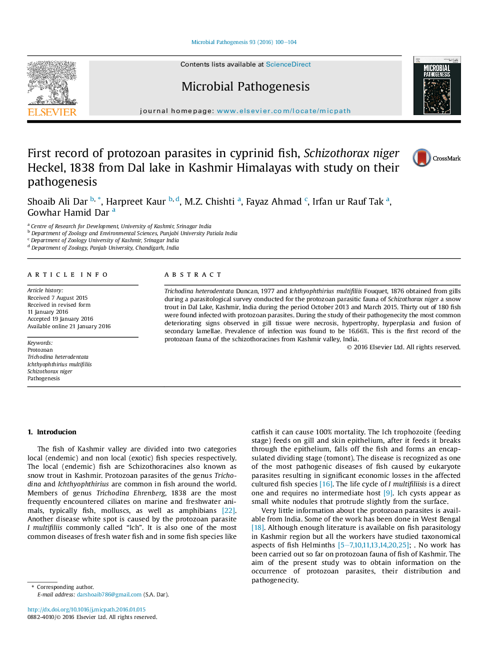 First record of protozoan parasites in cyprinid fish, Schizothorax niger Heckel, 1838 from Dal lake in Kashmir Himalayas with study on their pathogenesis