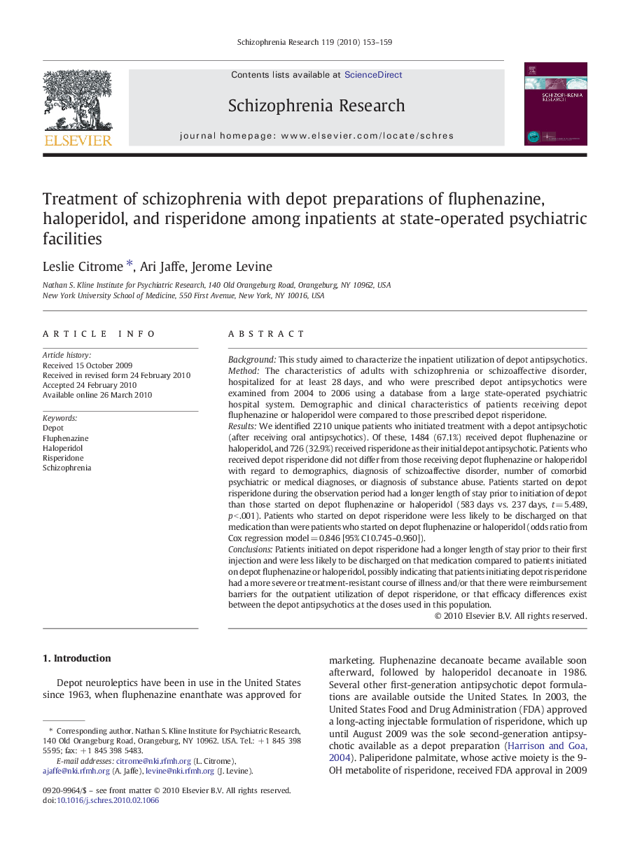 Treatment of schizophrenia with depot preparations of fluphenazine, haloperidol, and risperidone among inpatients at state-operated psychiatric facilities