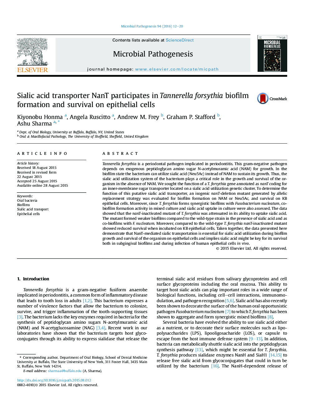 Sialic acid transporter NanT participates in Tannerella forsythia biofilm formation and survival on epithelial cells