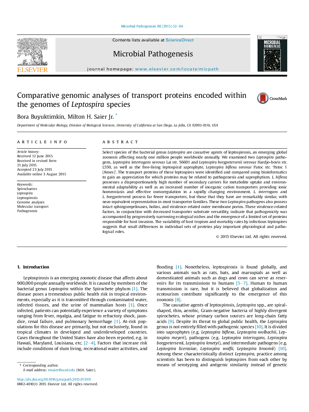 Comparative genomic analyses of transport proteins encoded within the genomes of Leptospira species