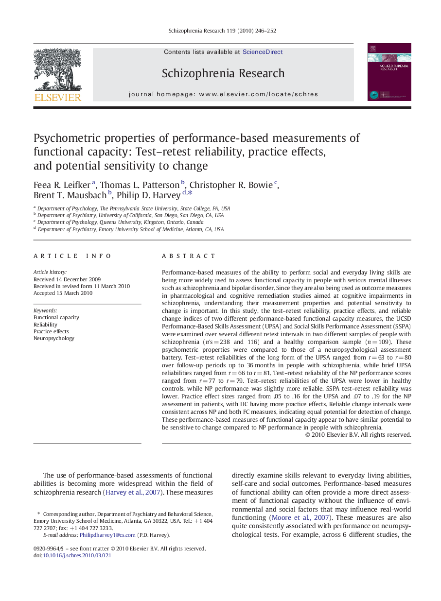 Psychometric properties of performance-based measurements of functional capacity: Test–retest reliability, practice effects, and potential sensitivity to change