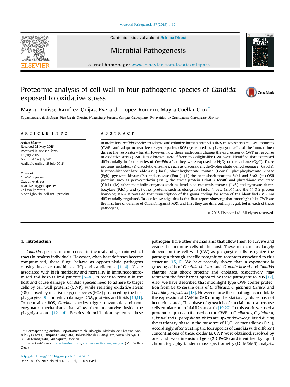 Proteomic analysis of cell wall in four pathogenic species of Candida exposed to oxidative stress