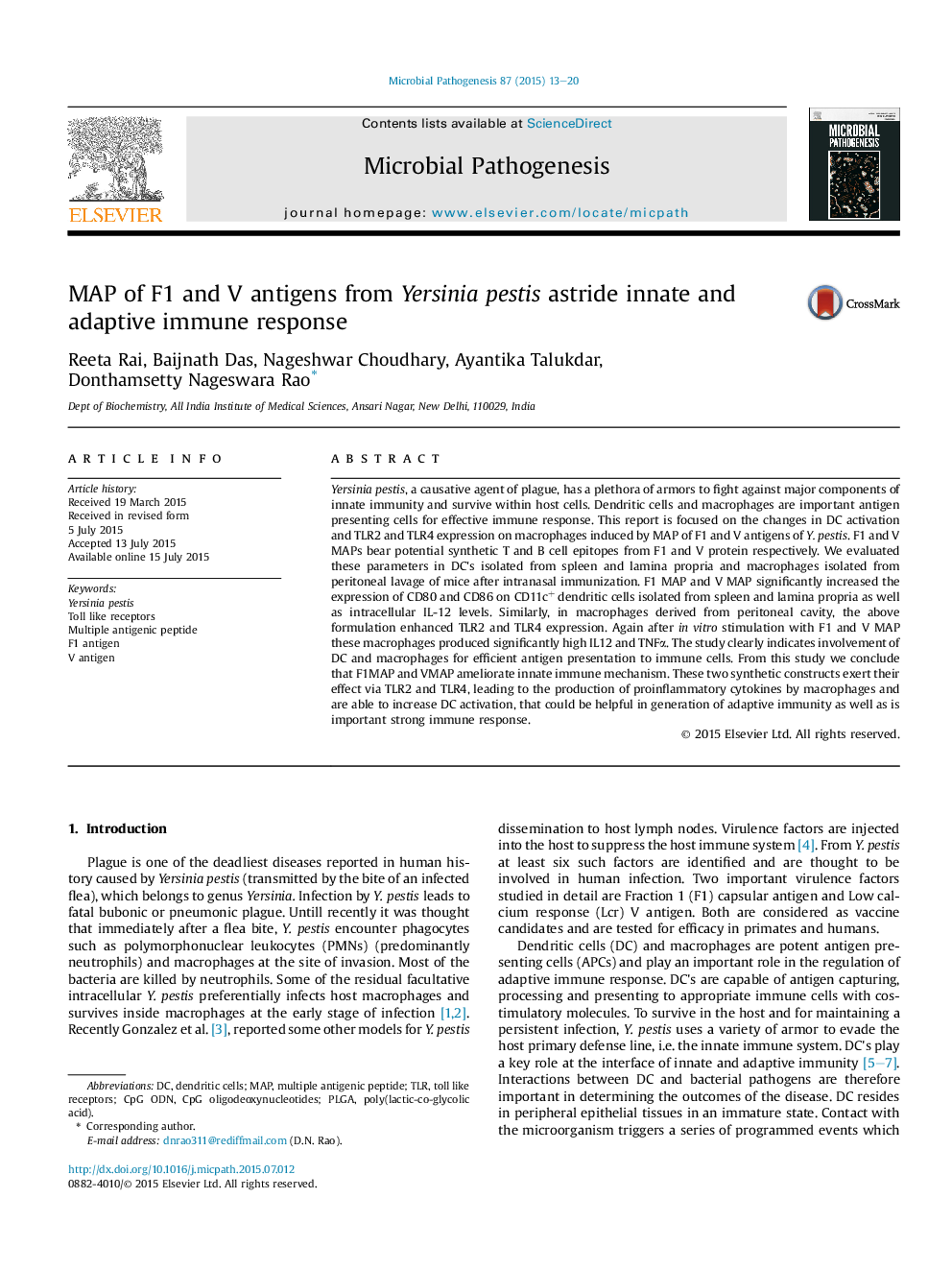 MAP of F1 and V antigens from Yersinia pestis astride innate and adaptive immune response