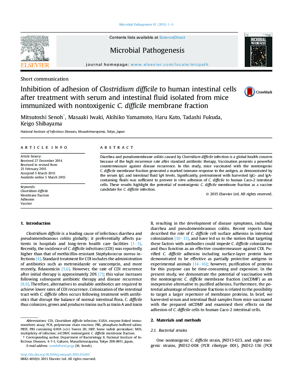 Inhibition of adhesion of Clostridium difficile to human intestinal cells after treatment with serum and intestinal fluid isolated from mice immunized with nontoxigenic C. difficile membrane fraction