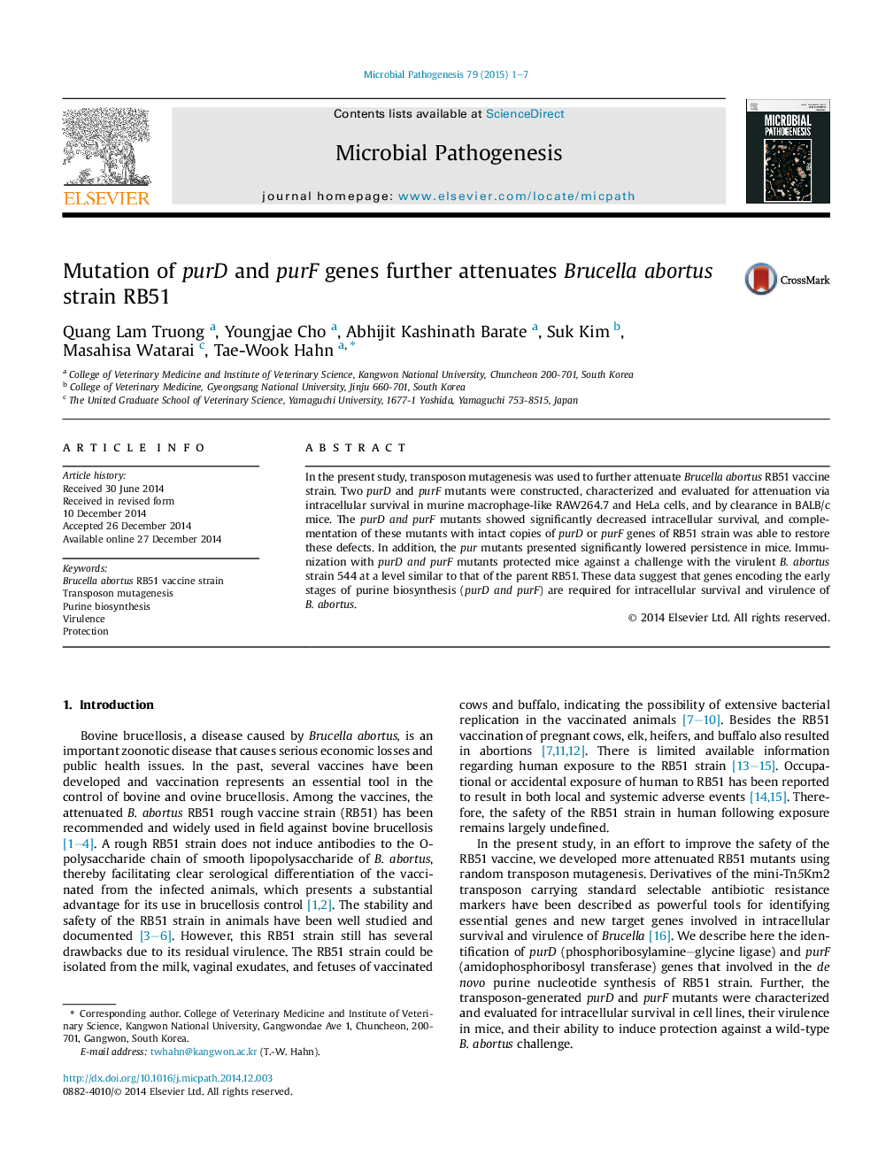 Mutation of purD and purF genes further attenuates Brucella abortus strain RB51