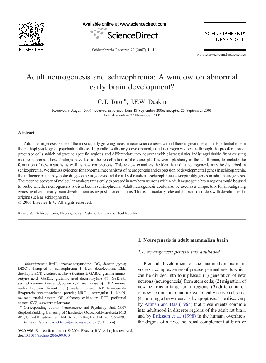 Adult neurogenesis and schizophrenia: A window on abnormal early brain development?