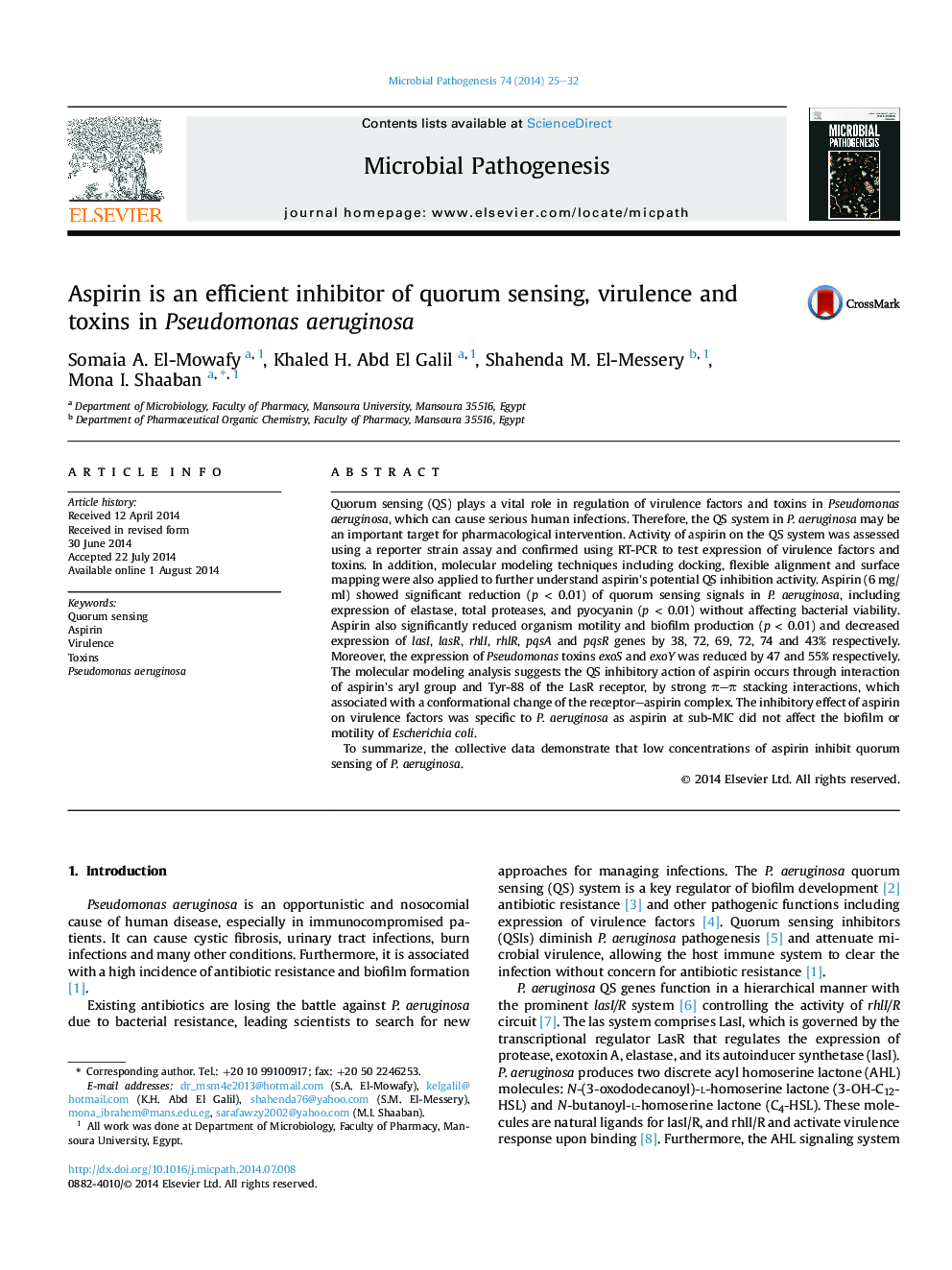 Aspirin is an efficient inhibitor of quorum sensing, virulence and toxins in Pseudomonas aeruginosa