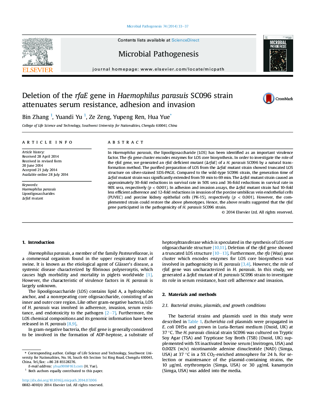 Deletion of the rfaE gene in Haemophilus parasuis SC096 strain attenuates serum resistance, adhesion and invasion