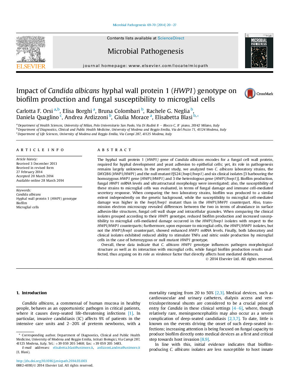 Impact of Candida albicans hyphal wall protein 1 (HWP1) genotype on biofilm production and fungal susceptibility to microglial cells