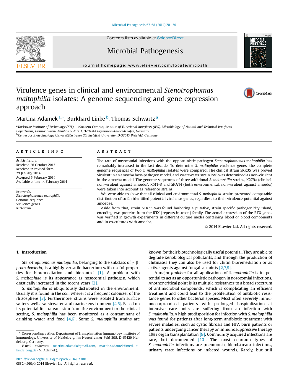 Virulence genes in clinical and environmental Stenotrophomas maltophilia isolates: A genome sequencing and gene expression approach