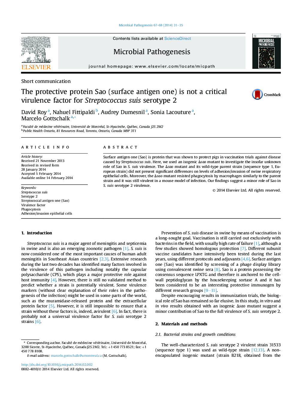 عکس صفحه اول مقاله: The protective protein Sao (surface antigen one) is not a critical virulence factor for Streptococcus suis serotype 2 The protective protein Sao (surface antigen one) is not a critical virulence factor for Streptococcus suis serotype 2