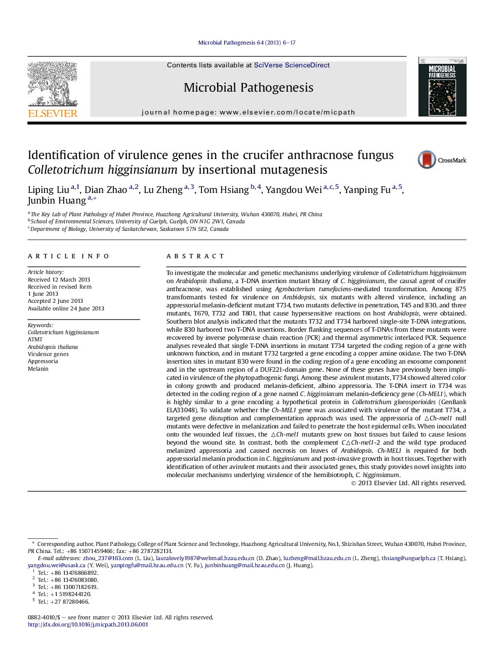 Identification of virulence genes in the crucifer anthracnose fungus Colletotrichum higginsianum by insertional mutagenesis