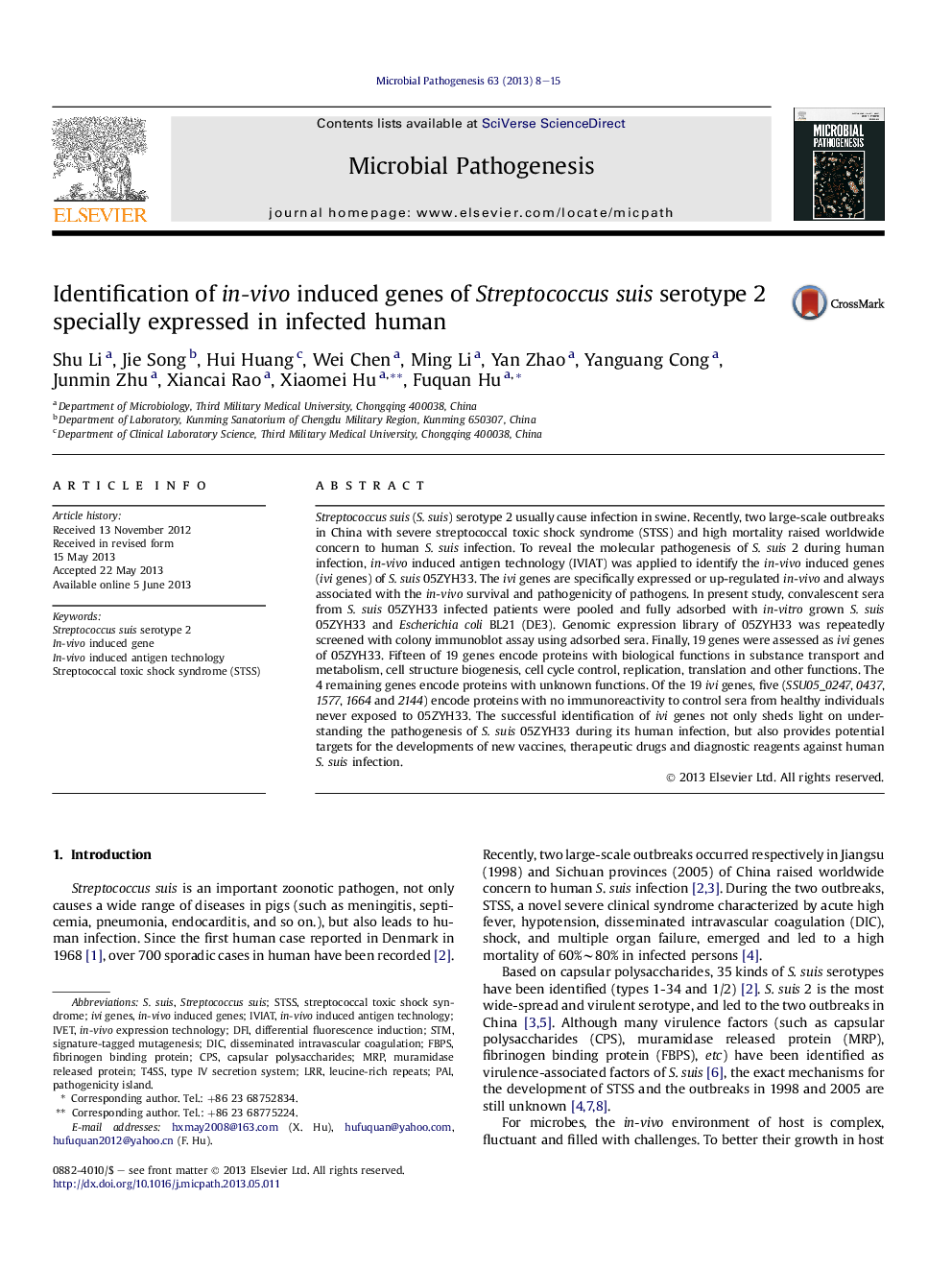 Identification of in-vivo induced genes of Streptococcus suis serotype 2 specially expressed in infected human