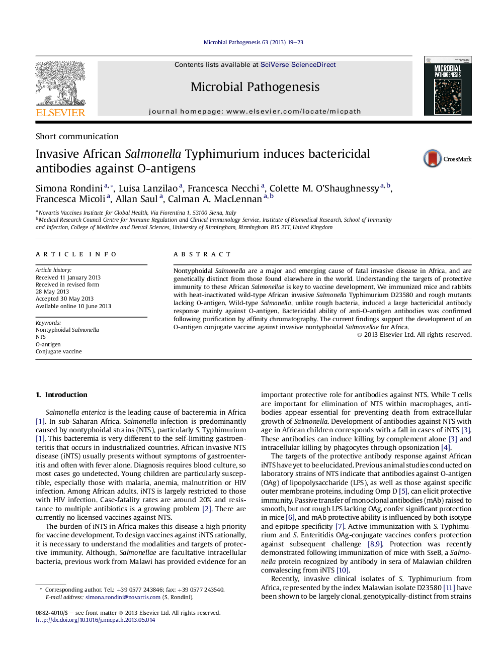 Invasive African Salmonella Typhimurium induces bactericidal antibodies against O-antigens