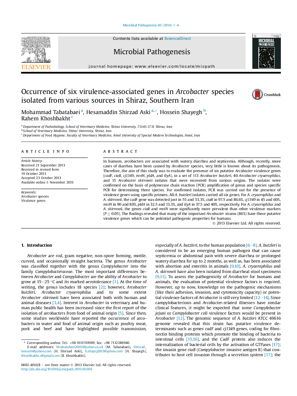 Occurrence of six virulence-associated genes in Arcobacter species isolated from various sources in Shiraz, Southern Iran