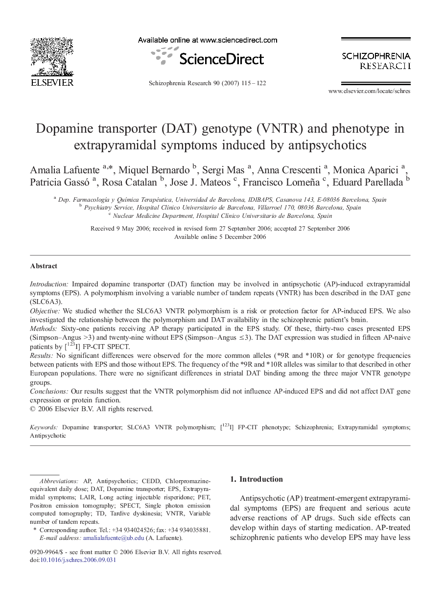 Dopamine transporter (DAT) genotype (VNTR) and phenotype in extrapyramidal symptoms induced by antipsychotics