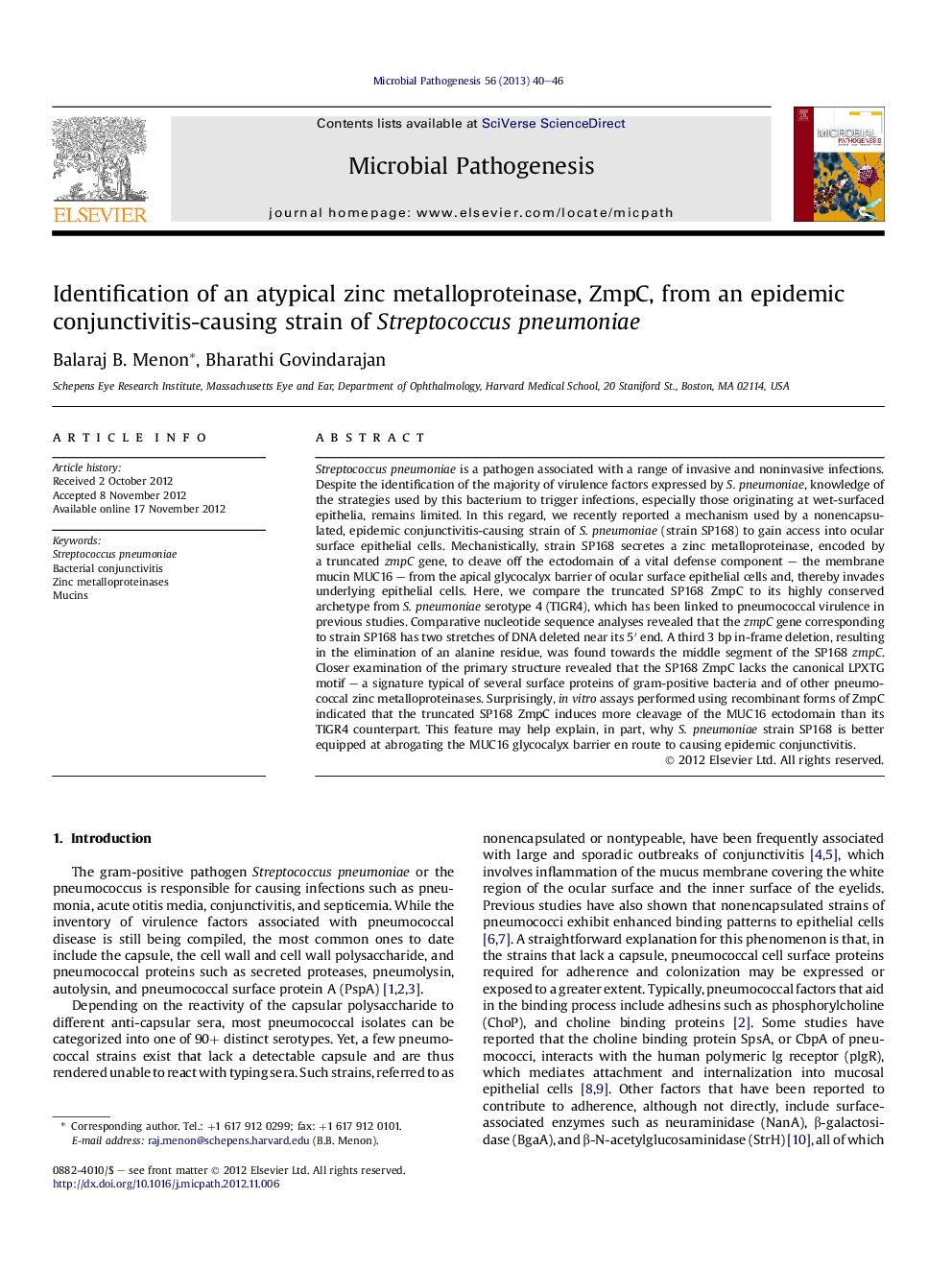 Identification of an atypical zinc metalloproteinase, ZmpC, from an epidemic conjunctivitis-causing strain of Streptococcus pneumoniae