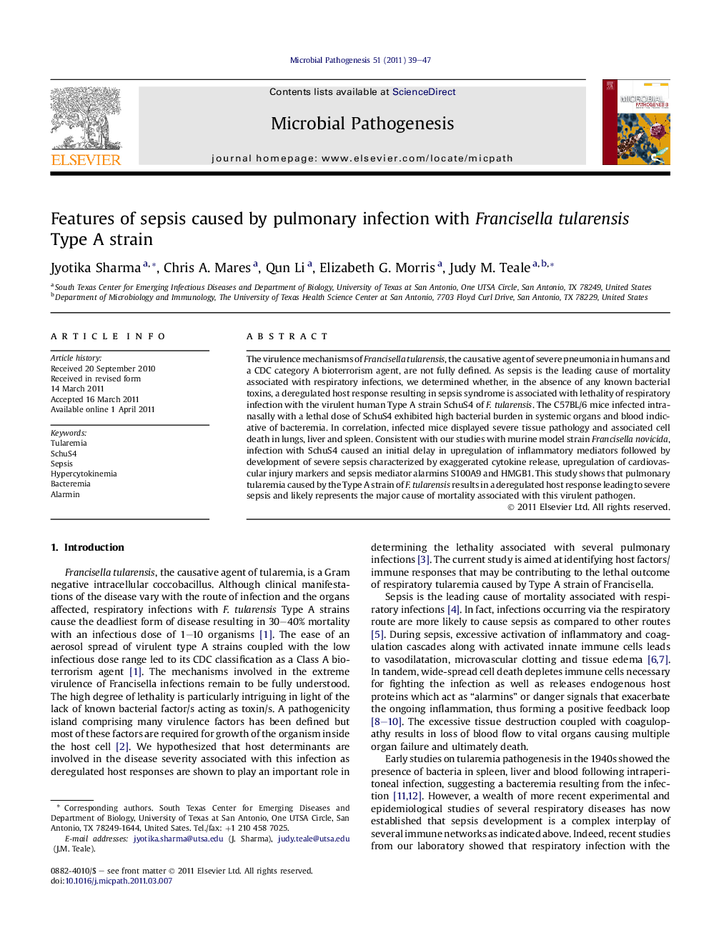 Features of sepsis caused by pulmonary infection with Francisella tularensis Type A strain