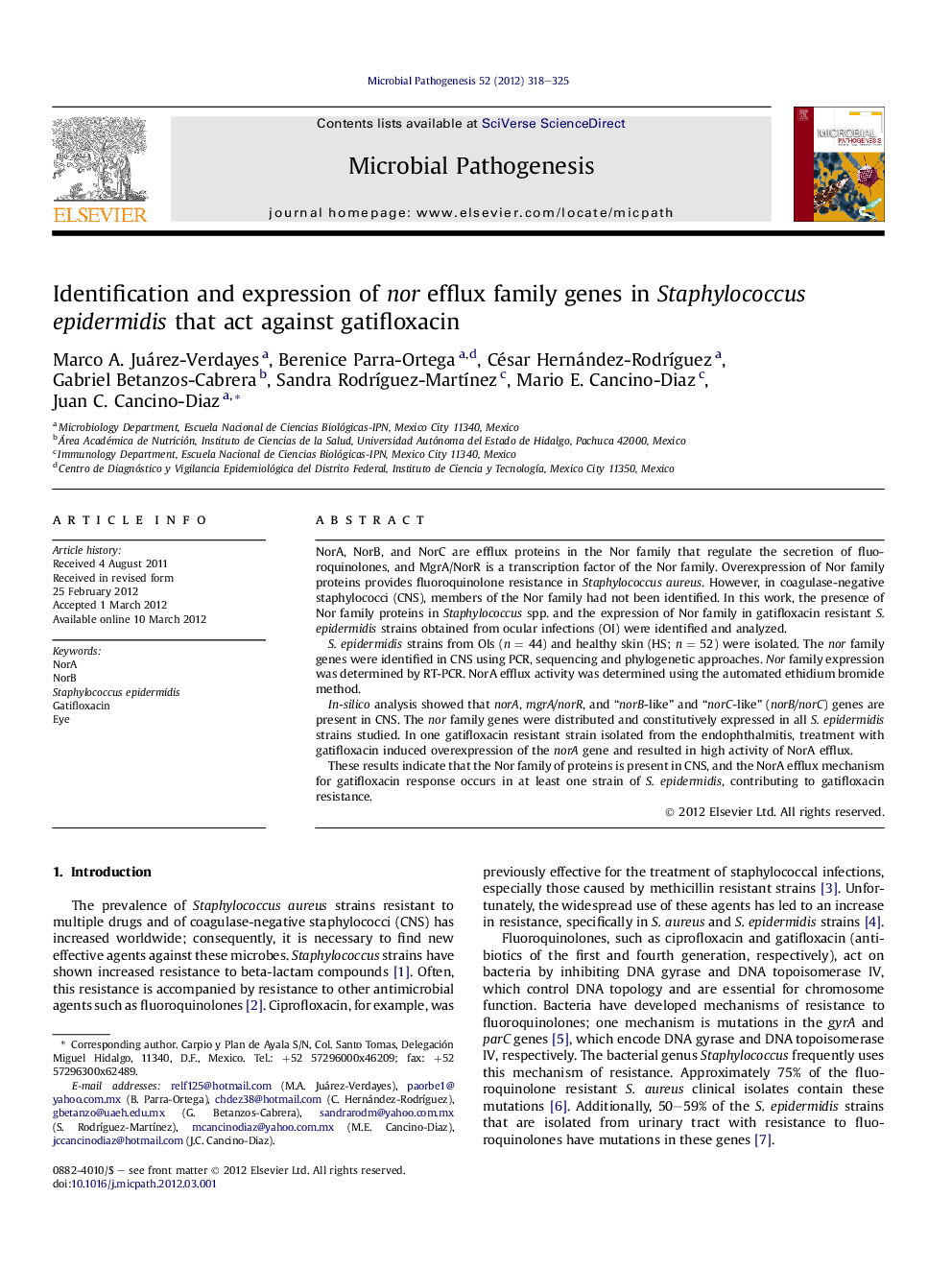 Identification and expression of nor efflux family genes in Staphylococcus epidermidis that act against gatifloxacin