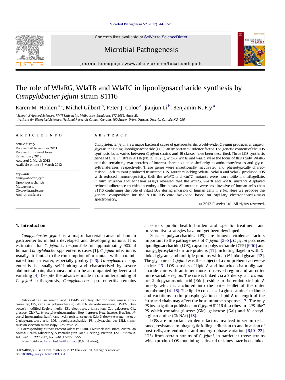 The role of WlaRG, WlaTB and WlaTC in lipooligosaccharide synthesis by Campylobacter jejuni strain 81116