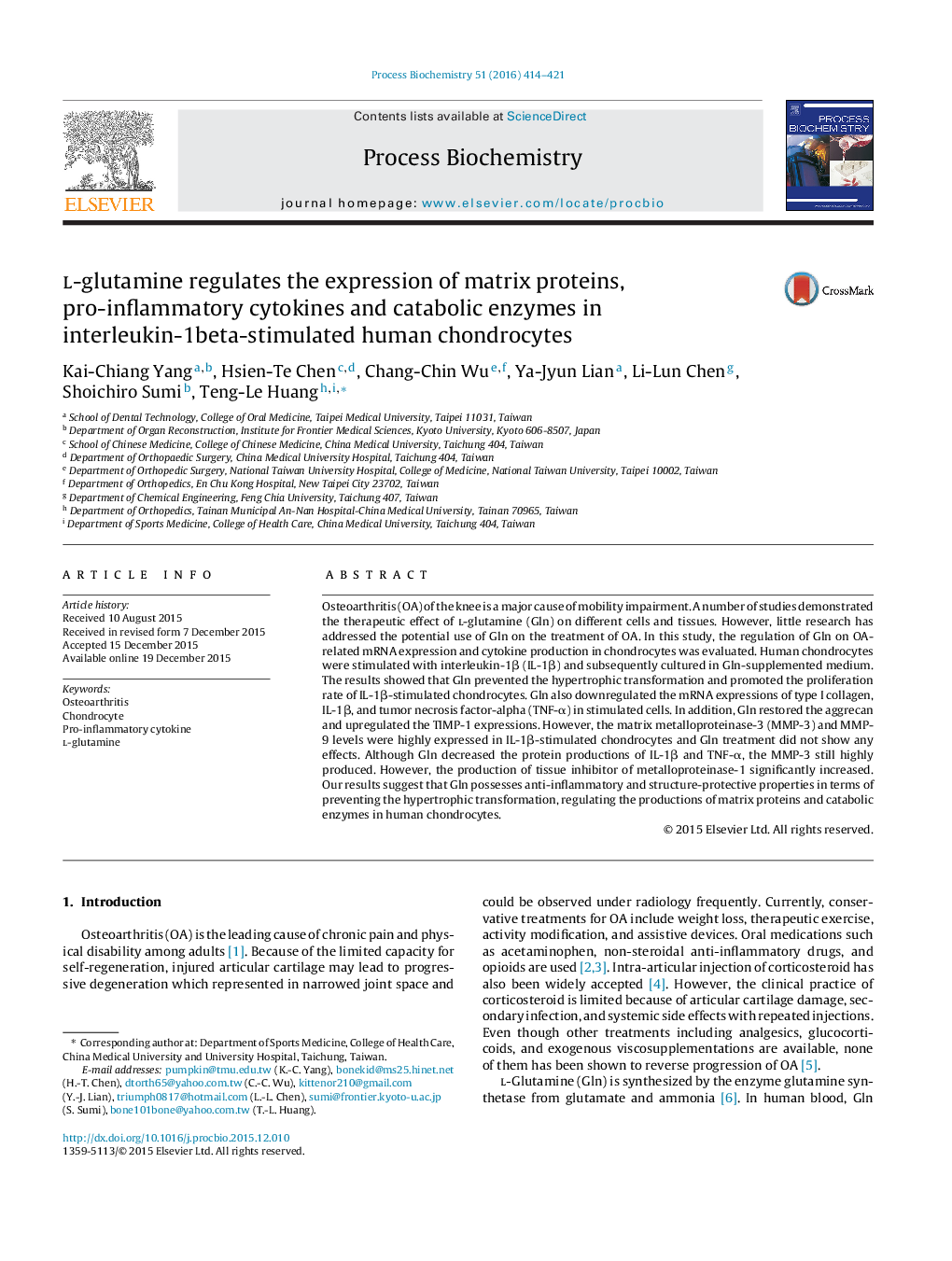 l-glutamine regulates the expression of matrix proteins, pro-inflammatory cytokines and catabolic enzymes in interleukin-1beta-stimulated human chondrocytes