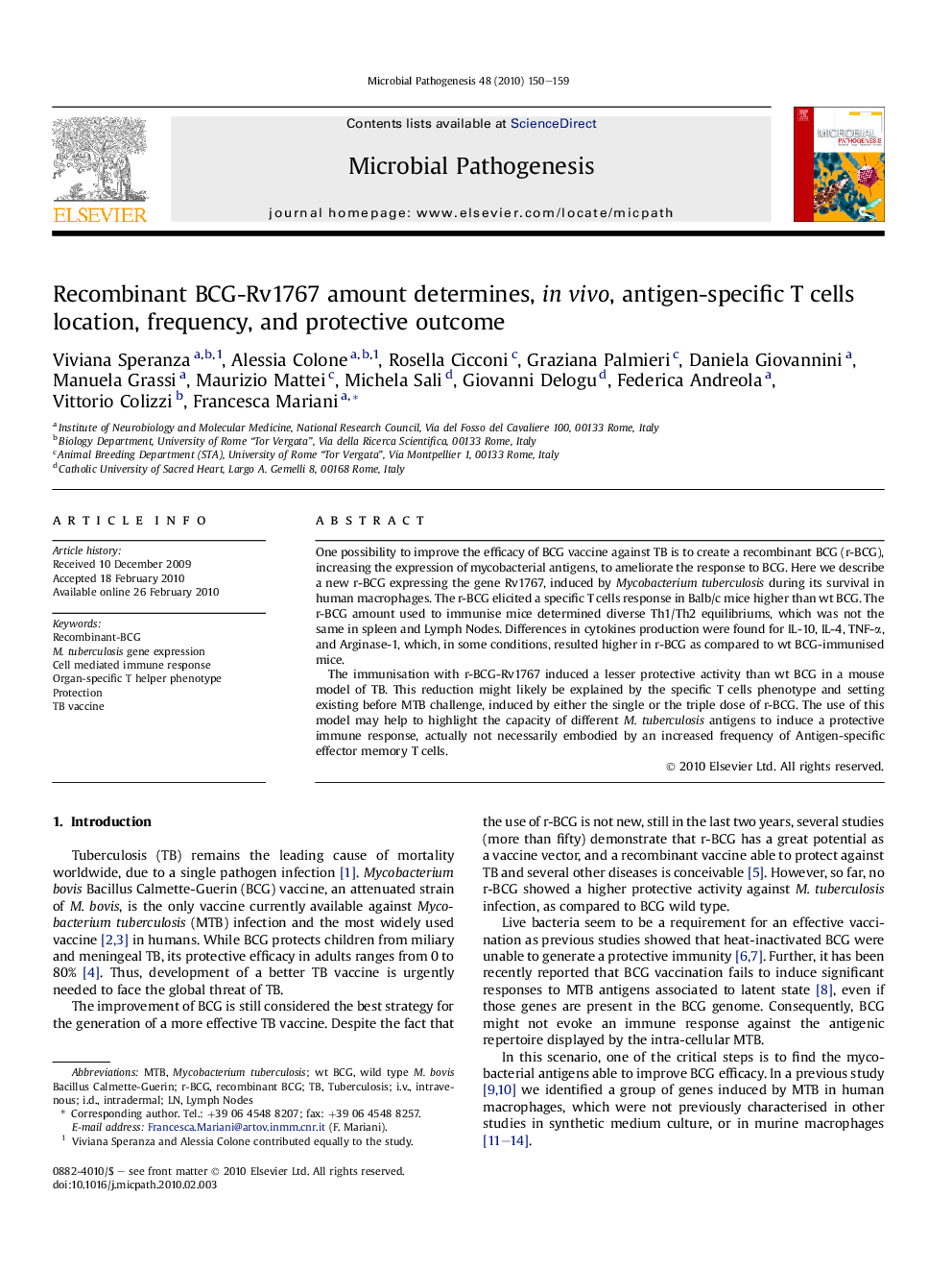 Recombinant BCG-Rv1767 amount determines, in vivo, antigen-specific T cells location, frequency, and protective outcome