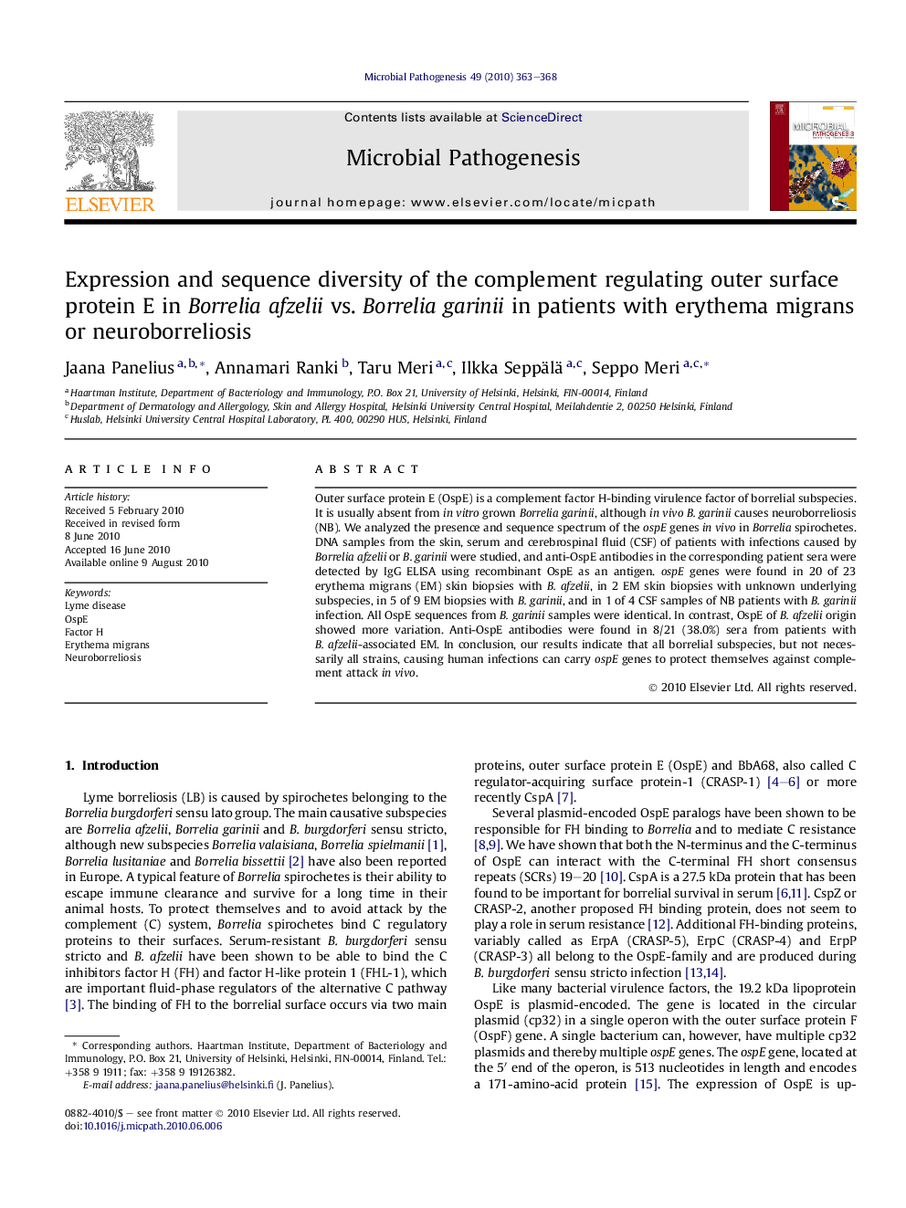 Expression and sequence diversity of the complement regulating outer surface protein E in Borrelia afzelii vs. Borrelia garinii in patients with erythema migrans or neuroborreliosis