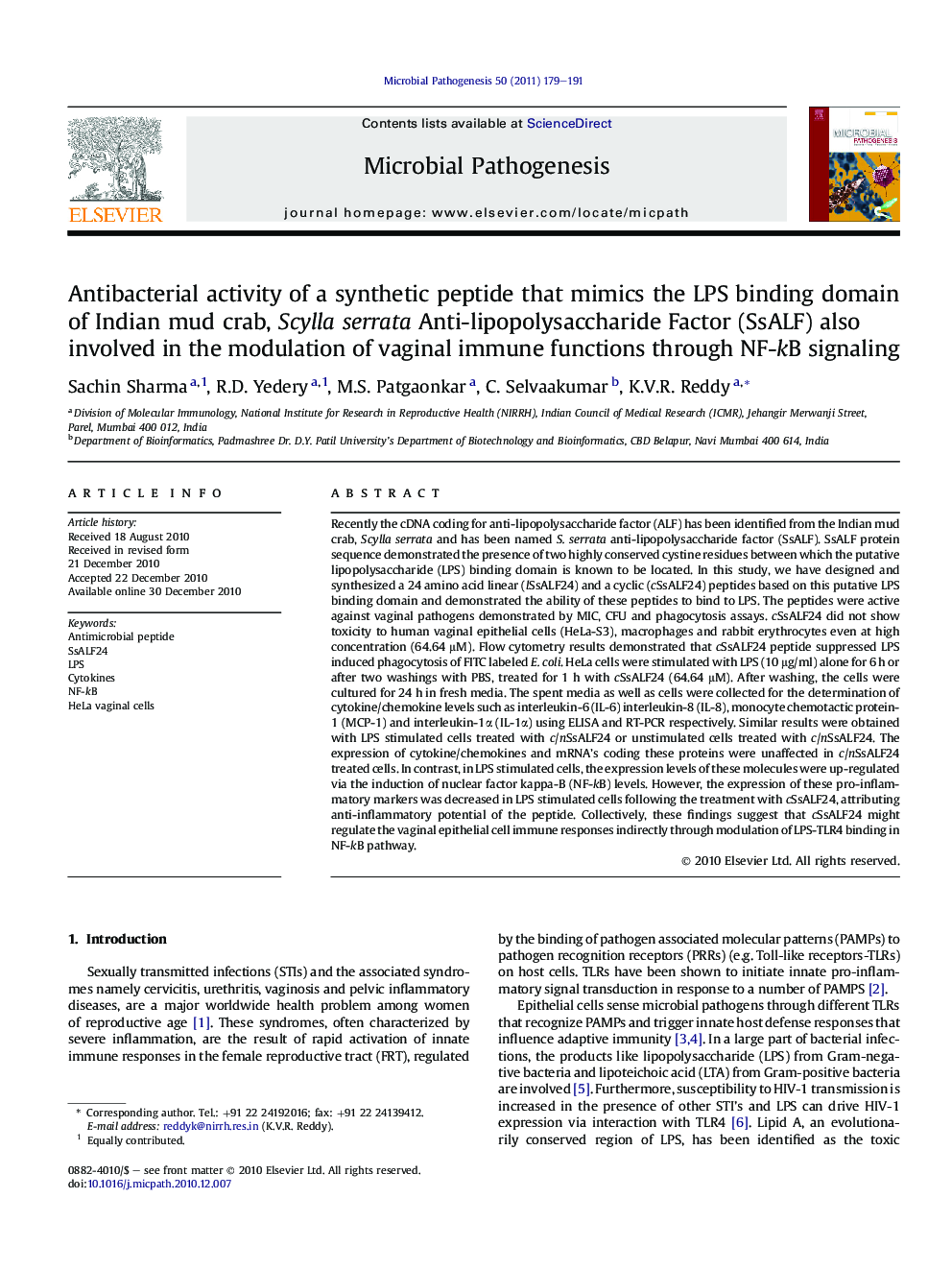 Antibacterial activity of a synthetic peptide that mimics the LPS binding domain of Indian mud crab, Scylla serrata Anti-lipopolysaccharide Factor (SsALF) also involved in the modulation of vaginal immune functions through NF-kB signaling