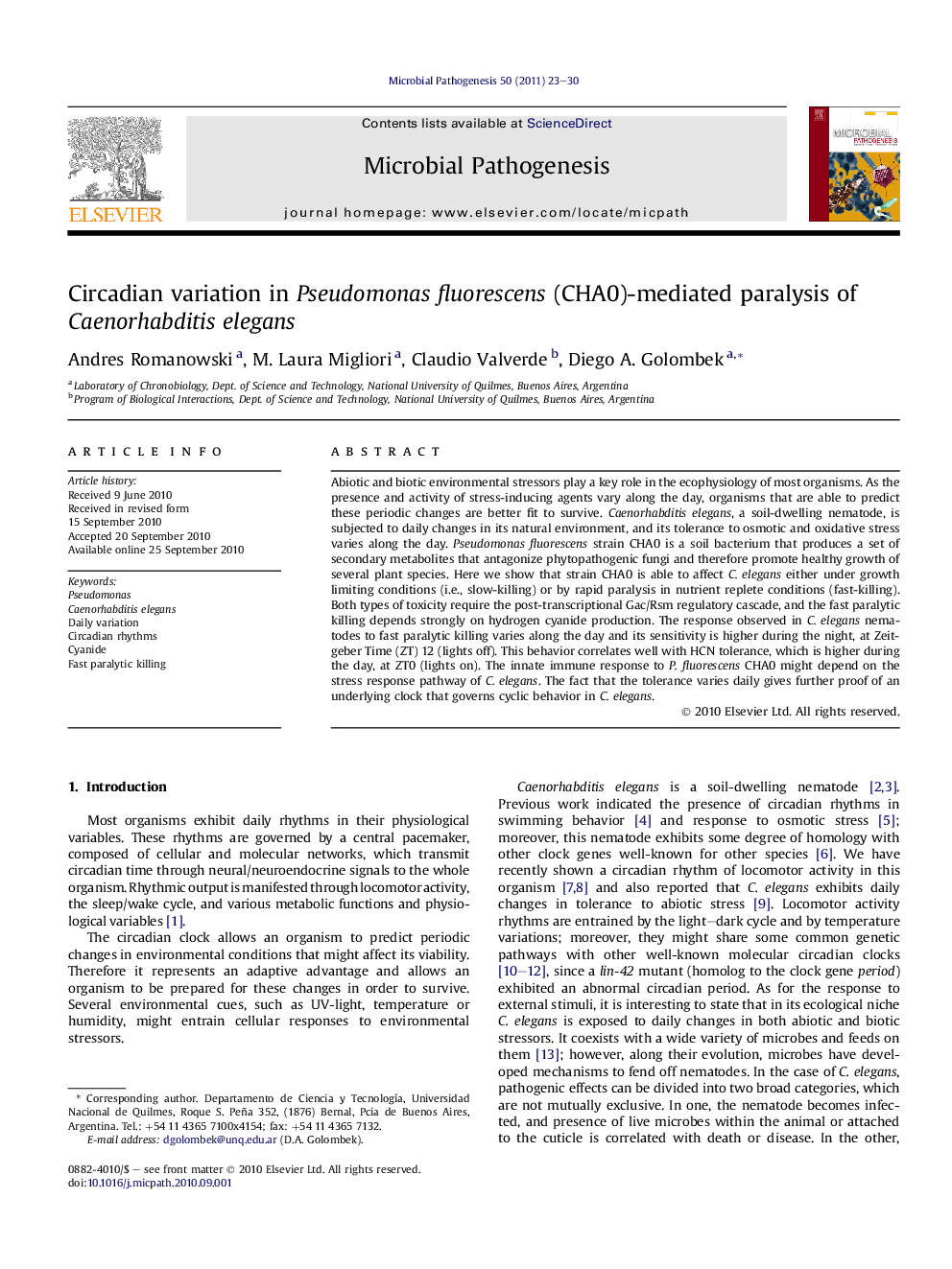 Circadian variation in Pseudomonas fluorescens (CHA0)-mediated paralysis of Caenorhabditis elegans