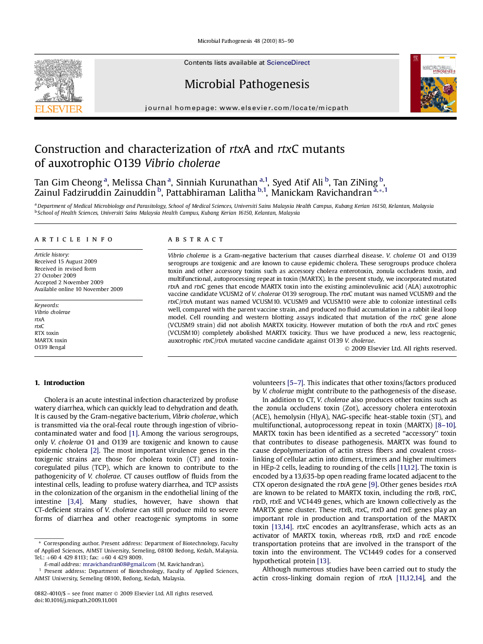 Construction and characterization of rtxA and rtxC mutants of auxotrophic O139 Vibrio cholerae