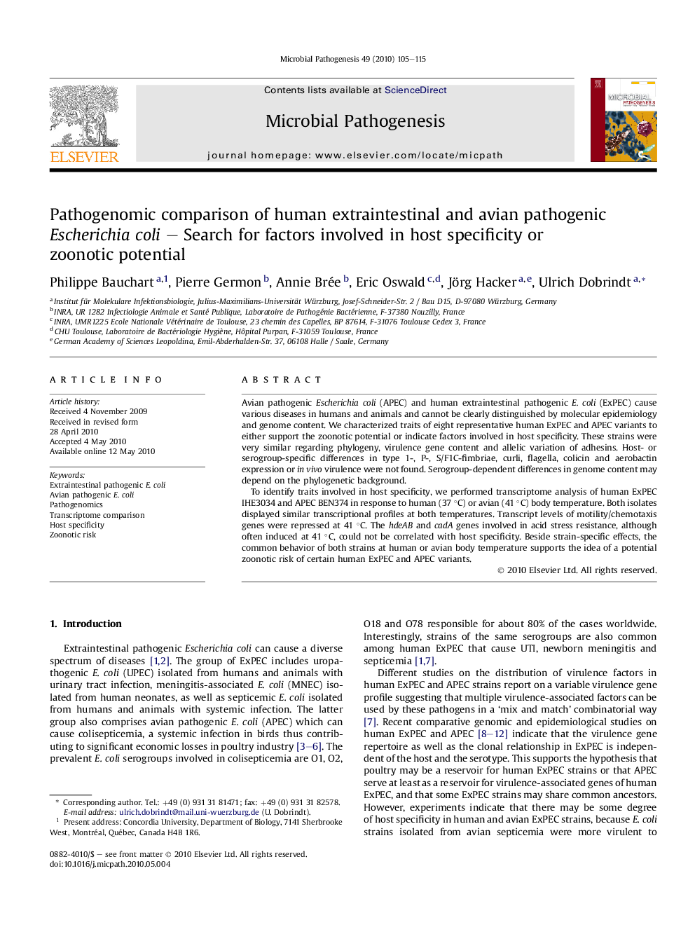 Pathogenomic comparison of human extraintestinal and avian pathogenic Escherichia coli – Search for factors involved in host specificity or zoonotic potential