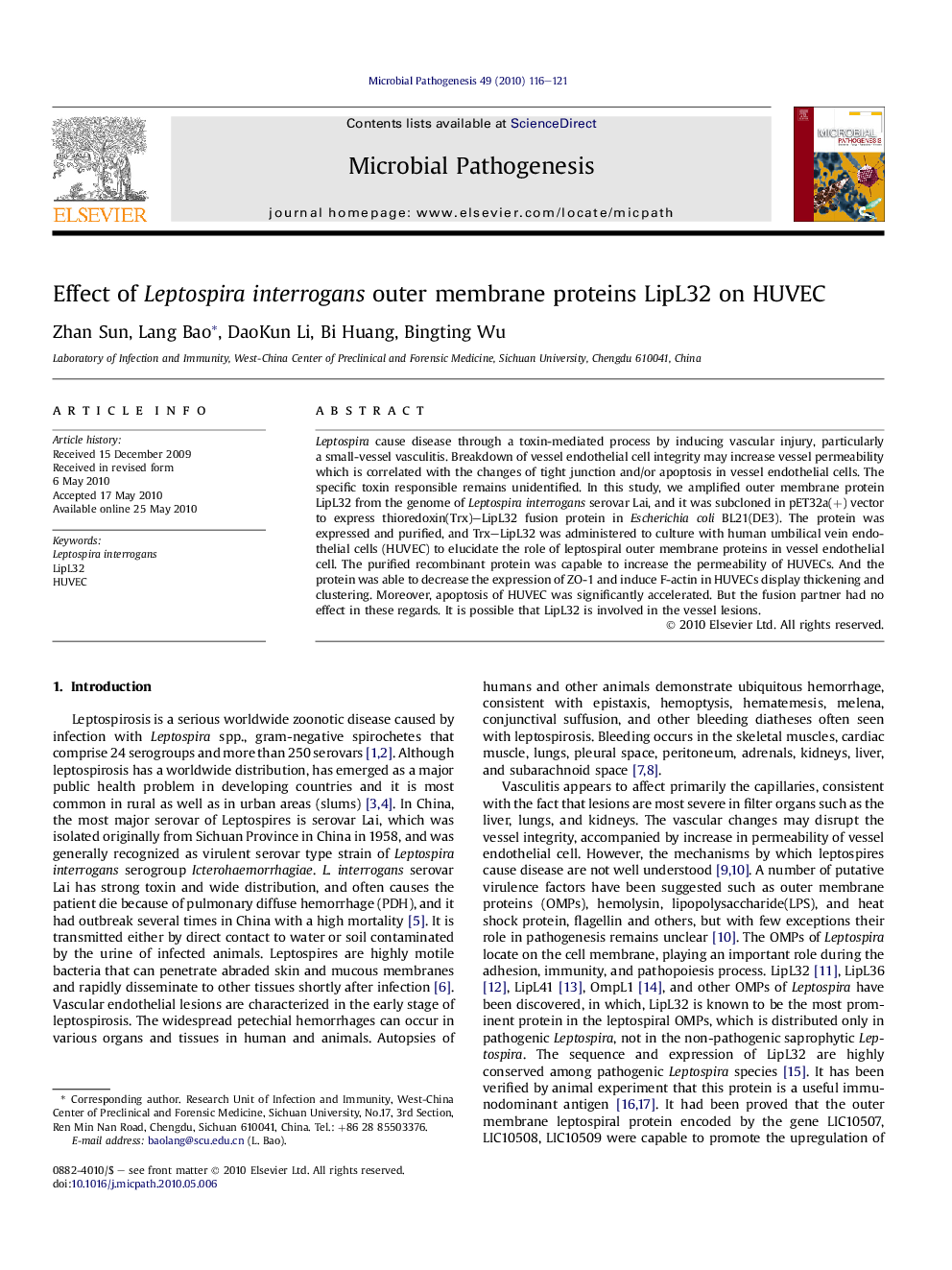 Effect of Leptospira interrogans outer membrane proteins LipL32 on HUVEC