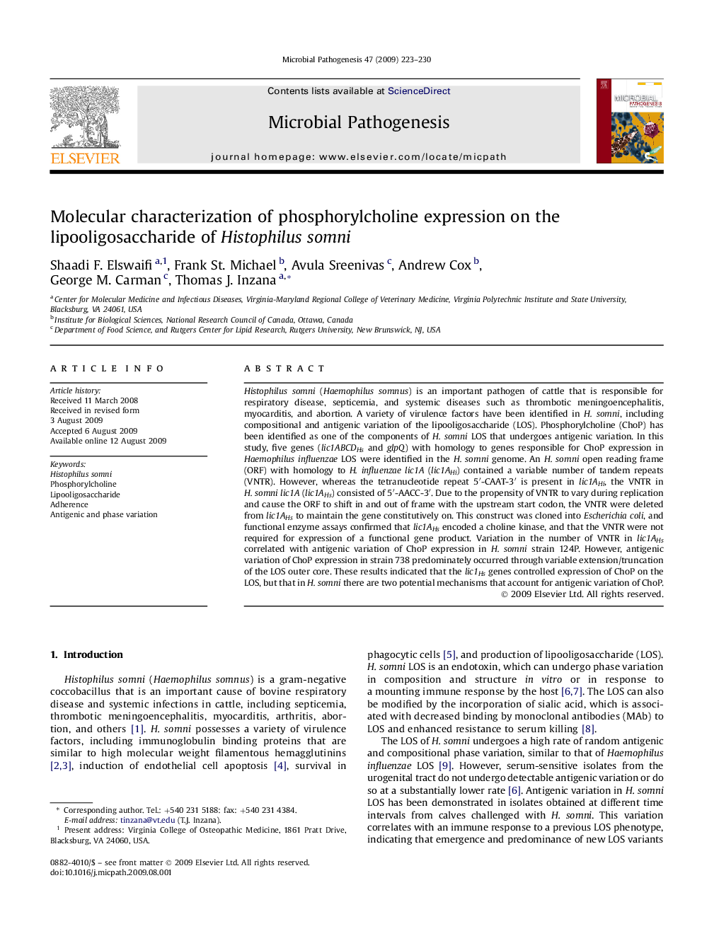 Molecular characterization of phosphorylcholine expression on the lipooligosaccharide of Histophilus somni