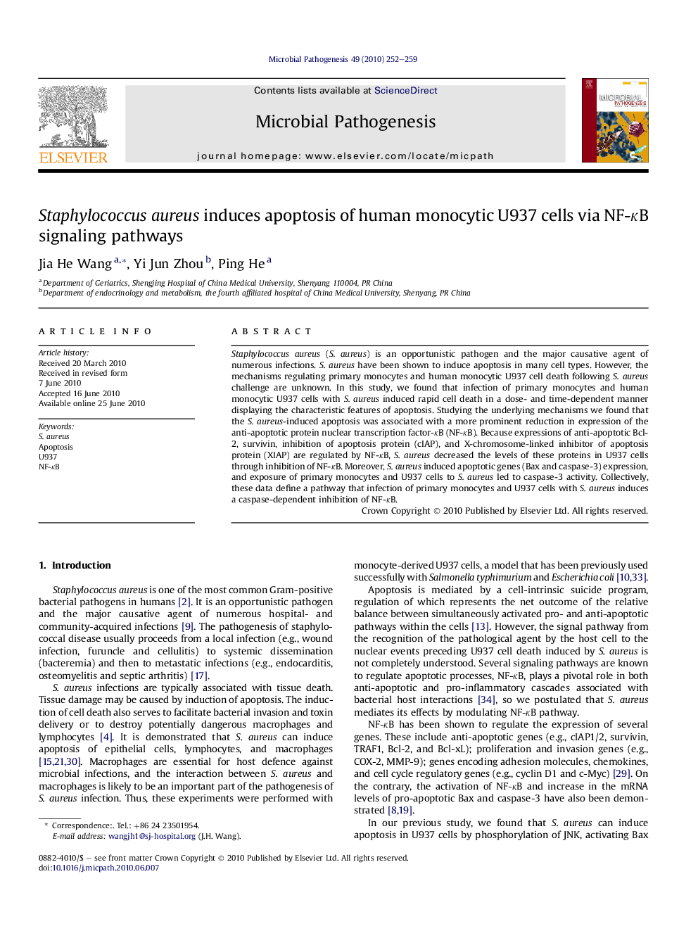 Staphylococcus aureus induces apoptosis of human monocytic U937 cells via NF-κB signaling pathways