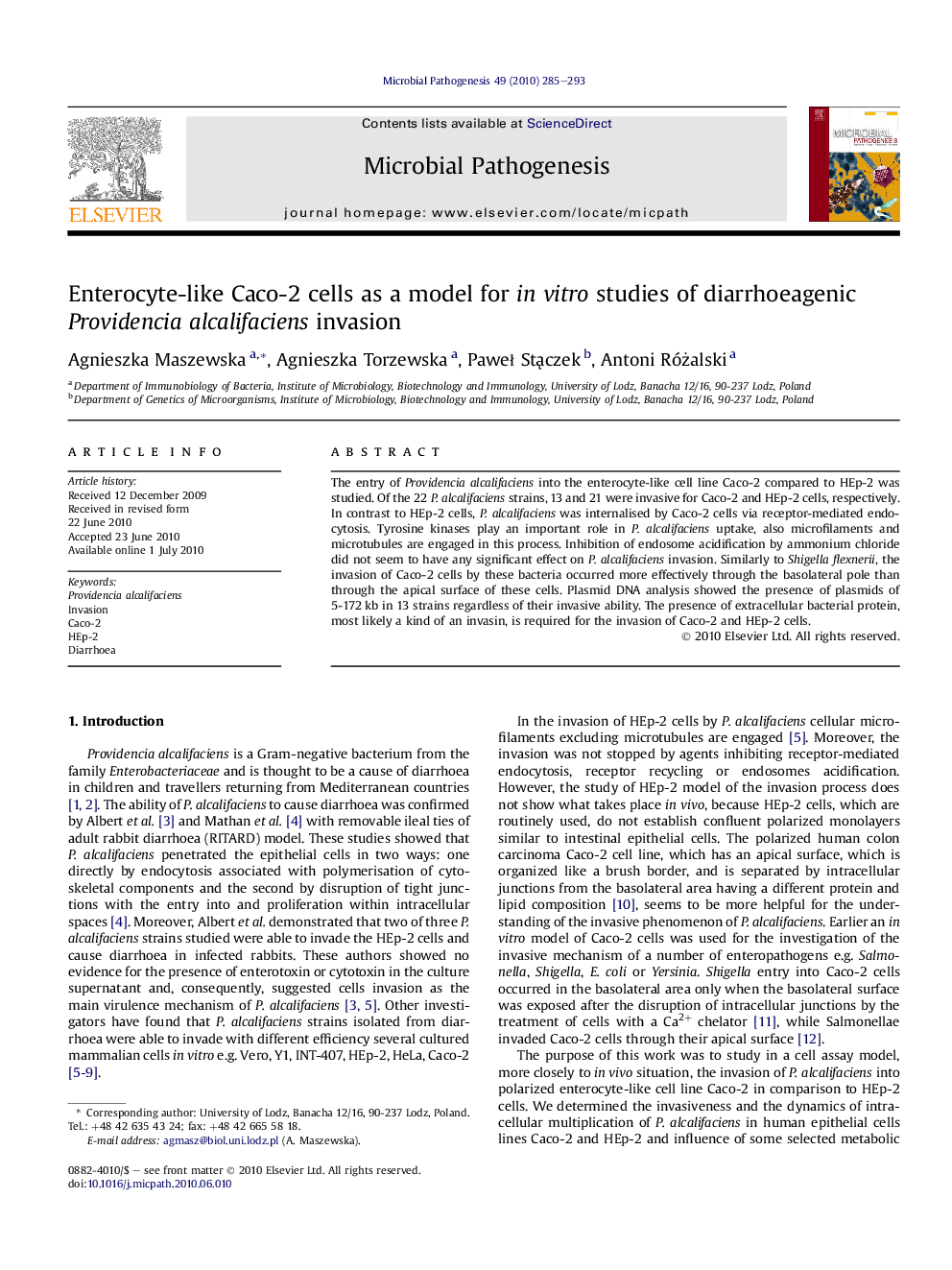 Enterocyte-like Caco-2 cells as a model for in vitro studies of diarrhoeagenic Providencia alcalifaciens invasion